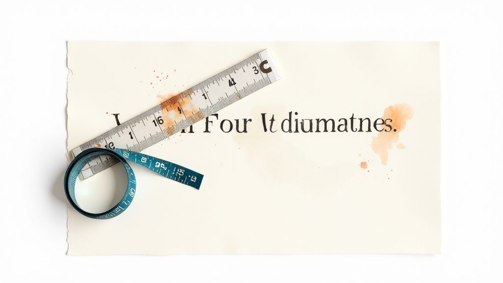 A person using a magnifying glass to inspect words on a screen, refining a headline.