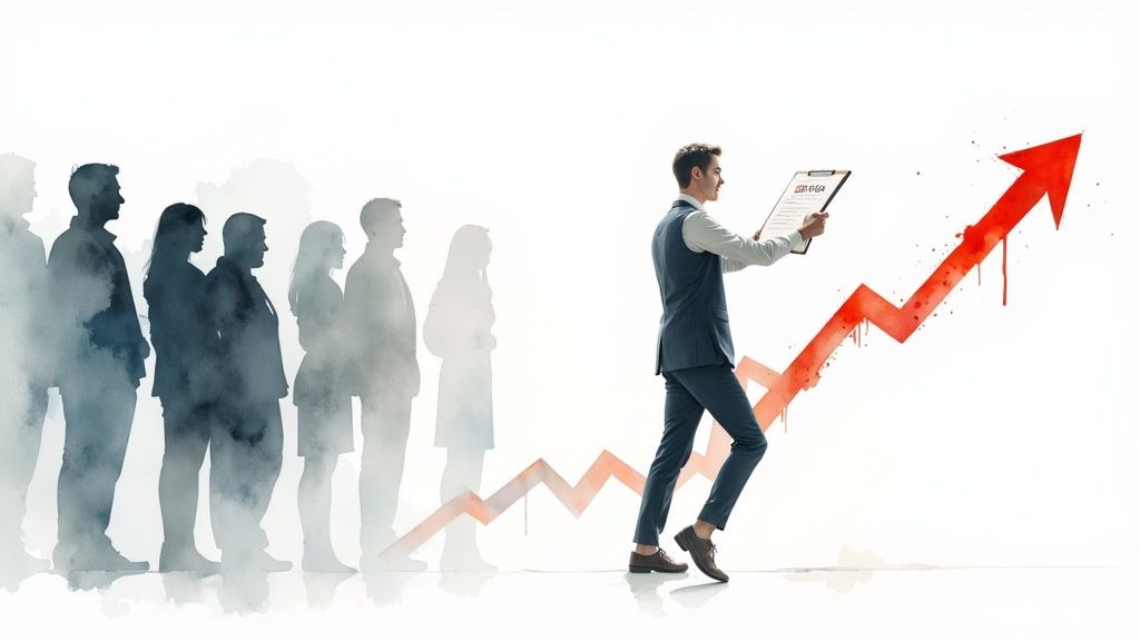 A person pointing at a whiteboard with user profile sketches, illustrating the process of creating buyer personas.