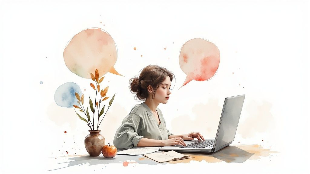 A person writing engaging content on a laptop, with lightbulbs symbolizing creative ideas