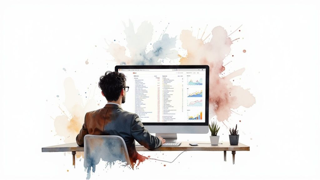 An individual analyzing SEO audit data on a laptop screen, showing various charts and graphs.