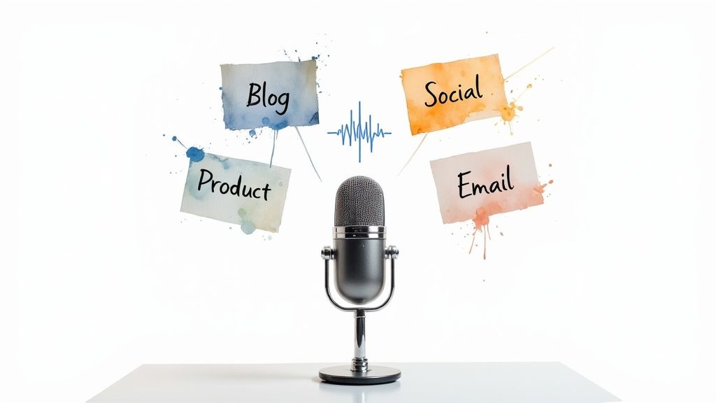 A team of marketers collaborating in a modern office, with digital charts and AI-generated content examples on a large screen, illustrating real-world applications of AI.