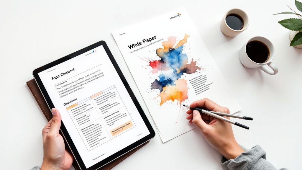 Two business professionals collaborating on a content strategy on a digital tablet