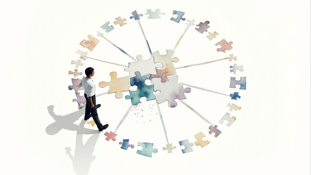 A visual representation of a topic cluster, showing a central pillar page connected to multiple supporting cluster content pages.