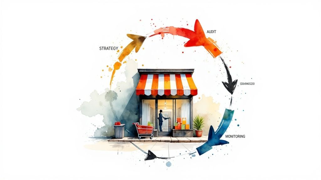 A cyclical diagram showing the phases of SEO management from audit to refinement.