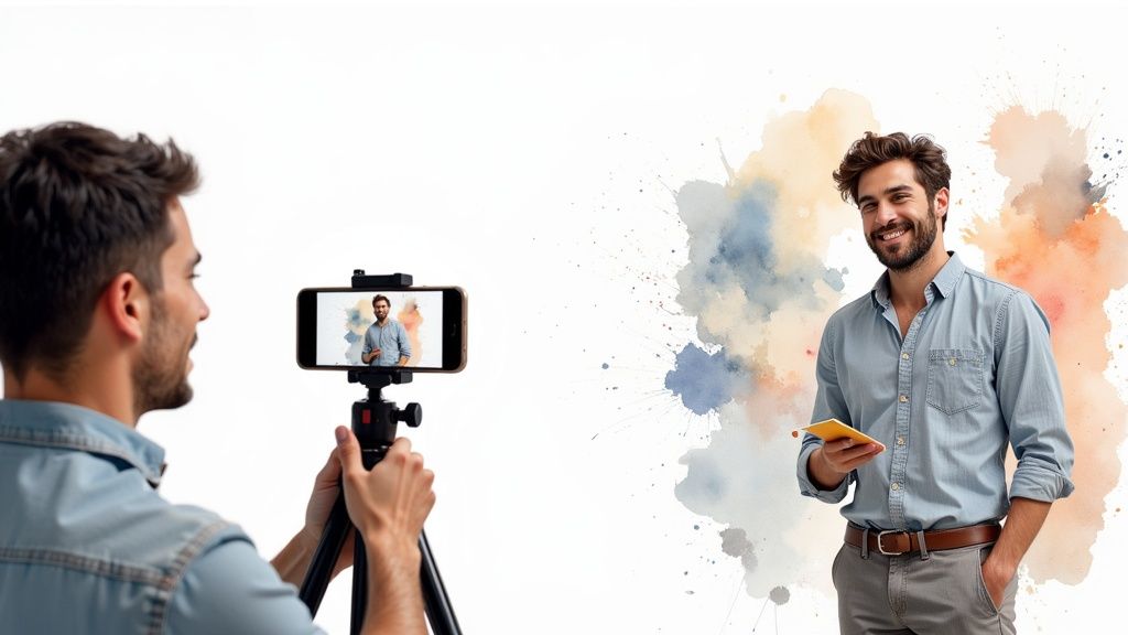 A person brainstorming video ideas on a whiteboard with sticky notes.