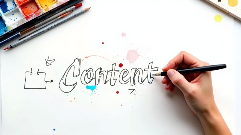 Blueprint of a content plan on a desk with coffee and a laptop