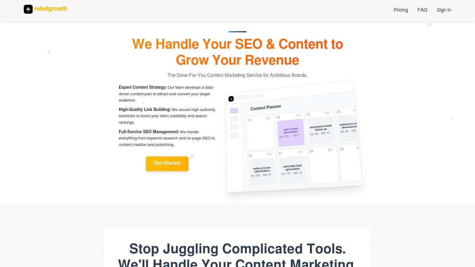 rebelgrowth platform interface showing dashboard and features