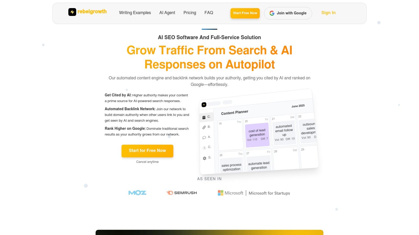 Rebelgrowth dashboard showcasing its AI-driven content and SEO features
