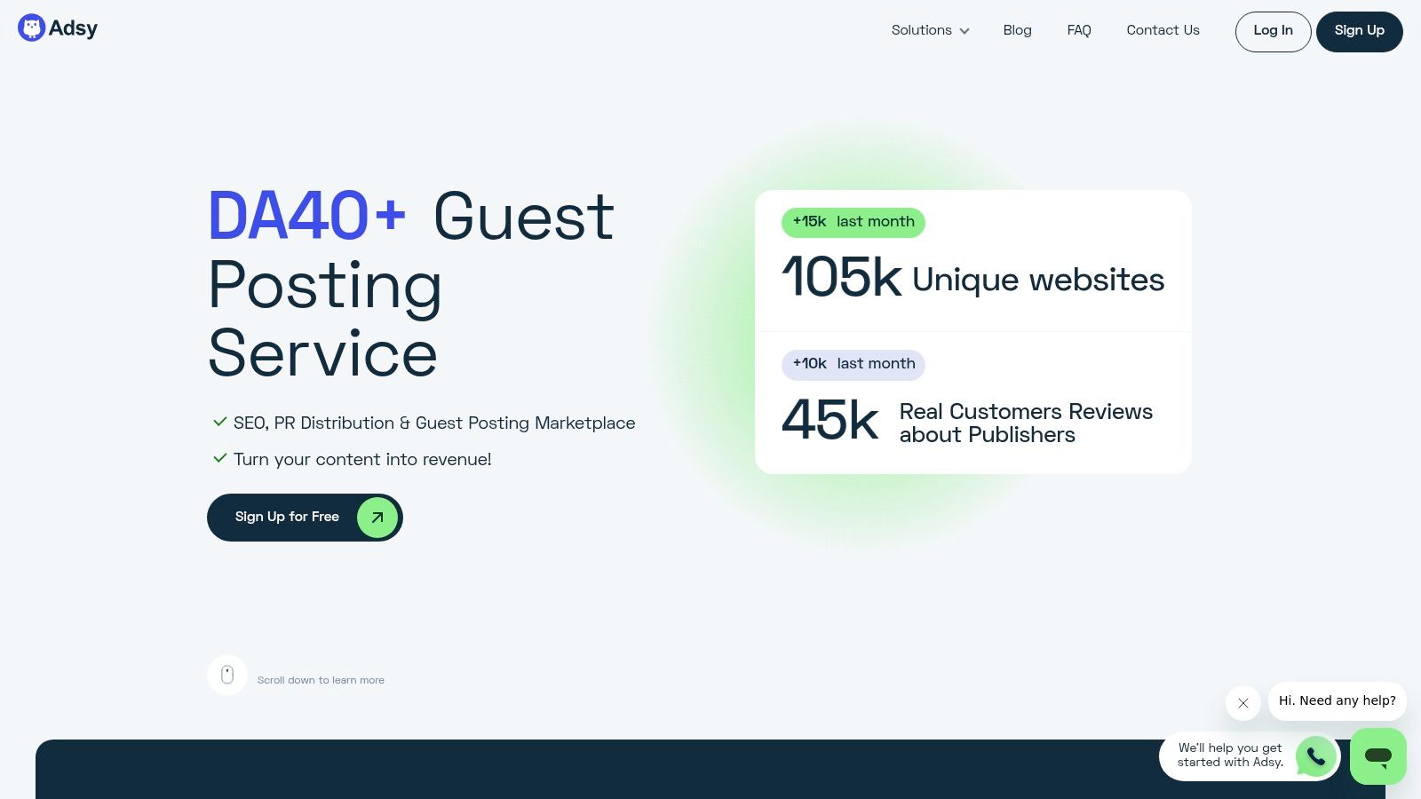 Adsy guest post marketplace showing a list of publishers with metrics like DA, traffic, and price.