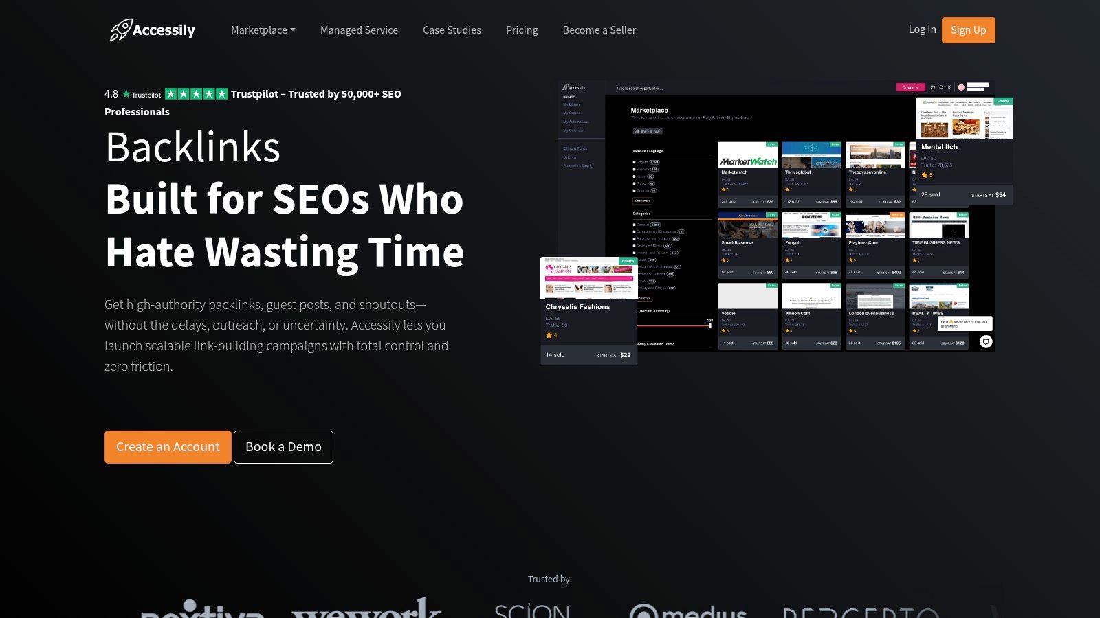 Accessily guest post marketplace interface showing various websites with their metrics like DR, traffic, and price.