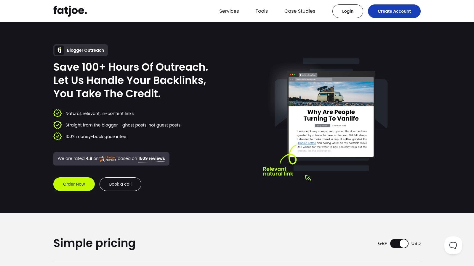 FATJOE's blogger outreach service interface showing pricing tiers and features.