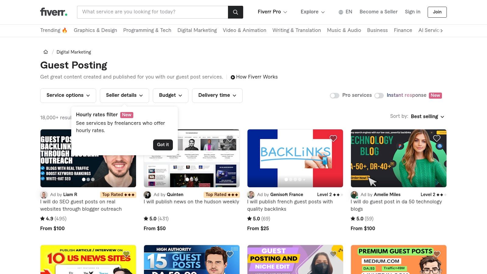 Fiverr guest posting services interface showing various gigs with seller ratings, prices, and descriptions.
