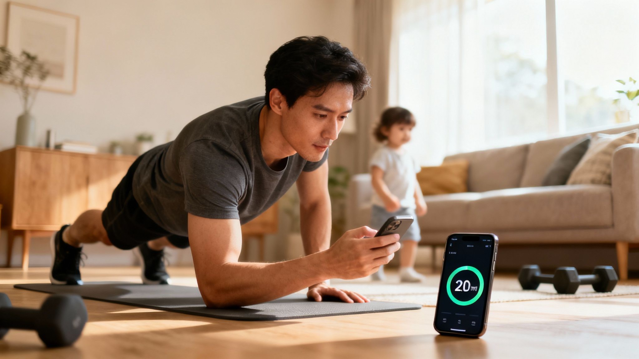 A man doing a plank exercise at home, checking his phone during a workout with a child in the background.