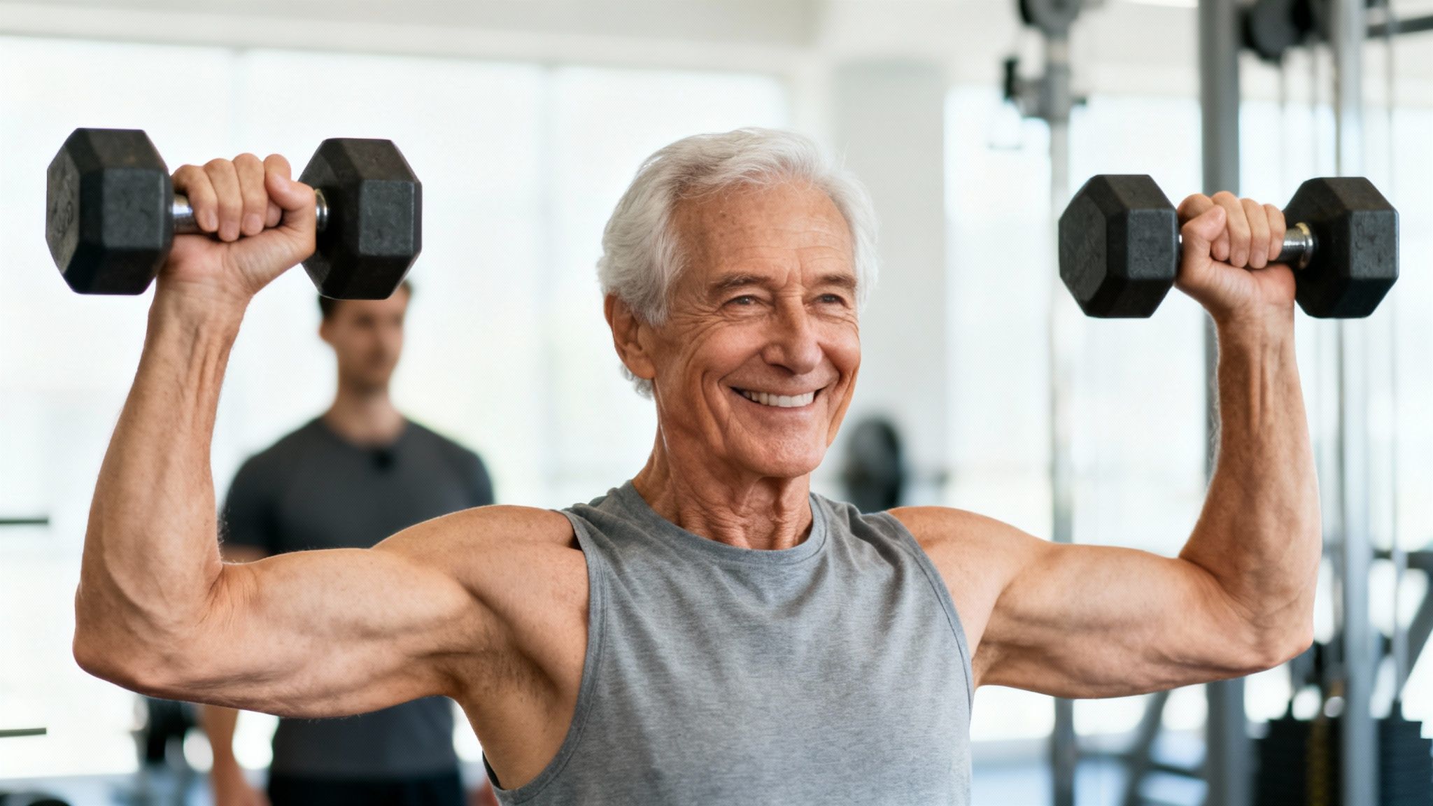 A happy senior man with white hair lifts dumbbells in a gym, demonstrating strength.