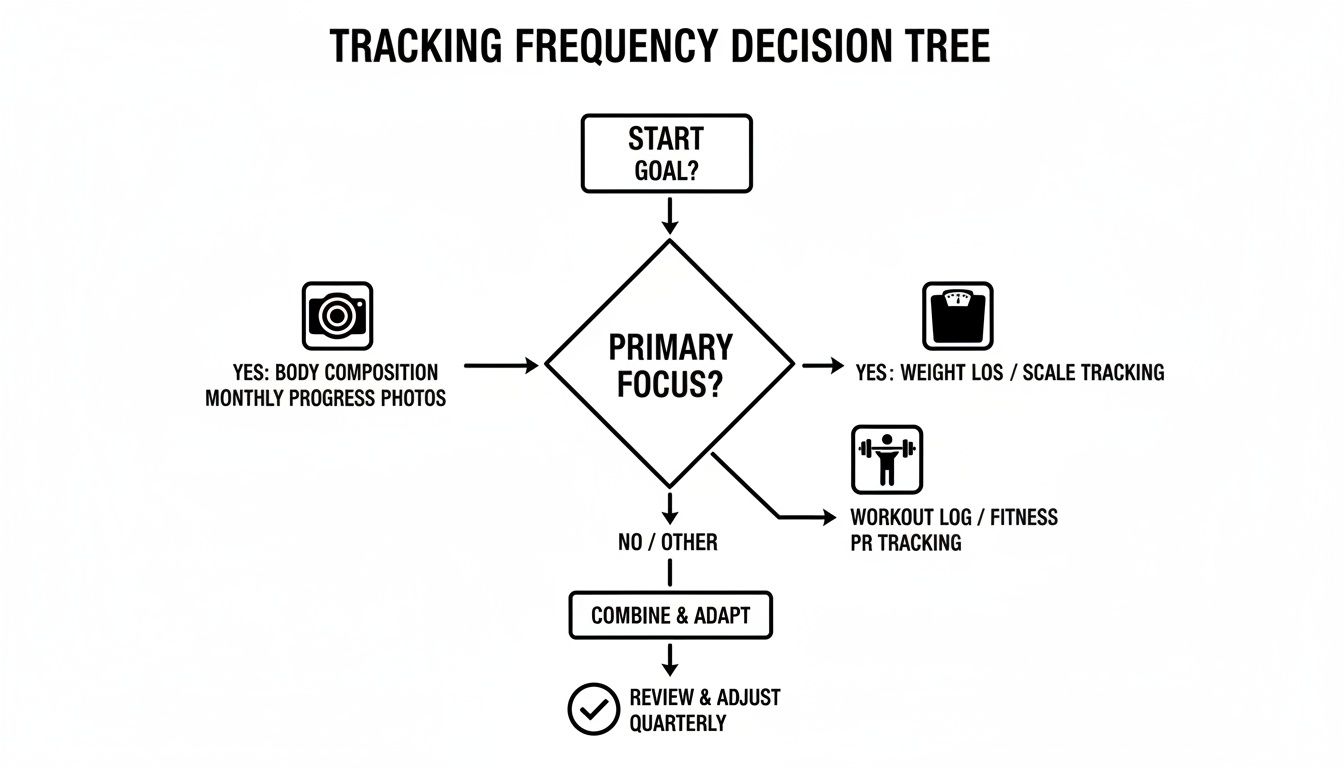 A flowchart decision tree outlining tracking frequency for fitness goals, including body composition, weight loss, and workout logs.