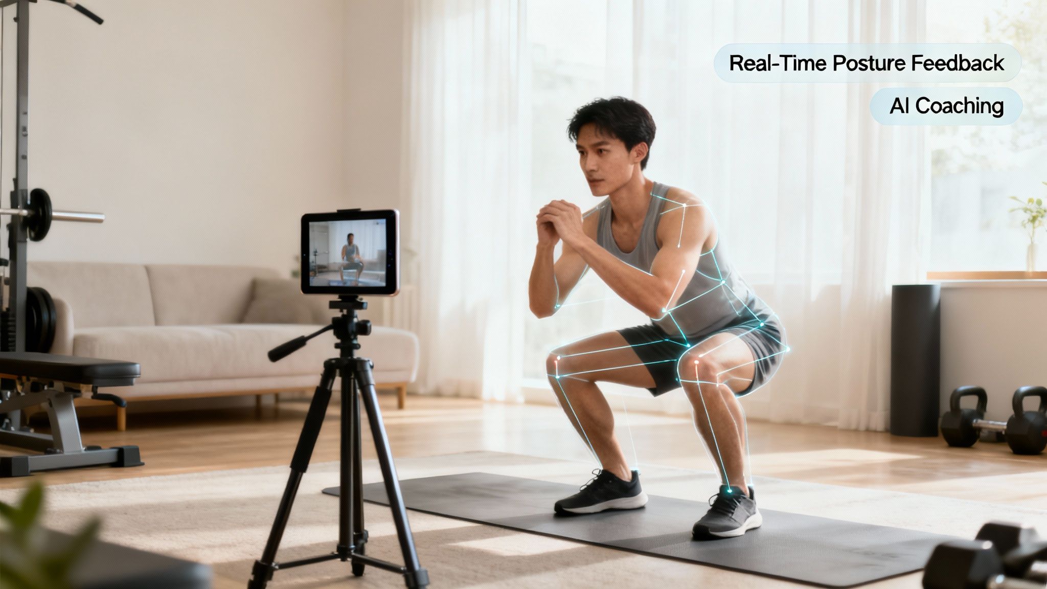 An Asian man performing squats at home, receiving real-time AI posture feedback via a tablet.