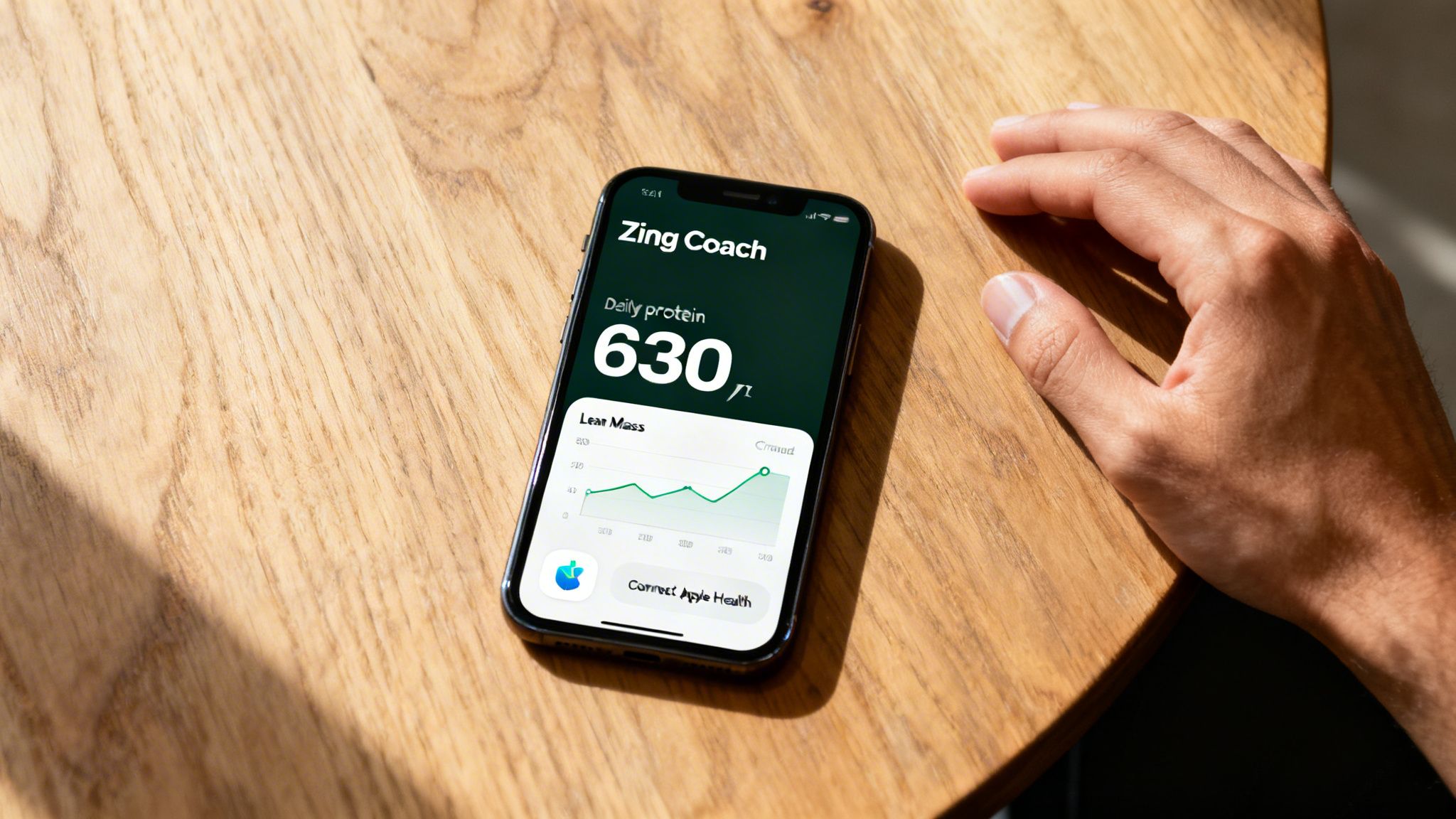 A smartphone displays the Zing Coach app showing daily protein intake and lean mass graph on a wooden table.