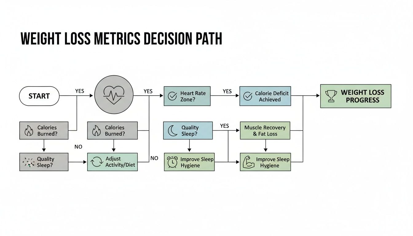 Flowchart illustrating the weight loss metrics decision path, including heart rate, calories, and sleep.
