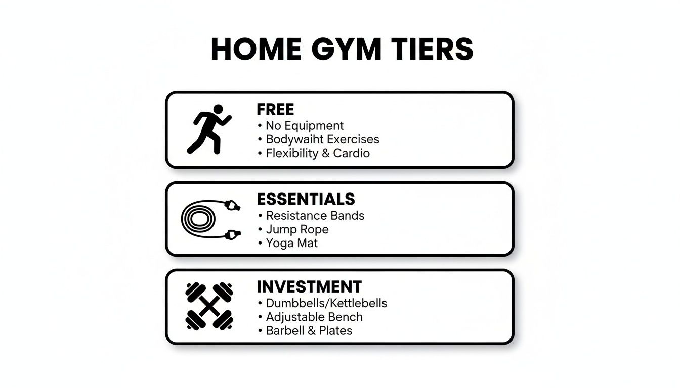 Infographic displaying three home gym tiers: Free, Essentials, and Investment, with associated equipment.