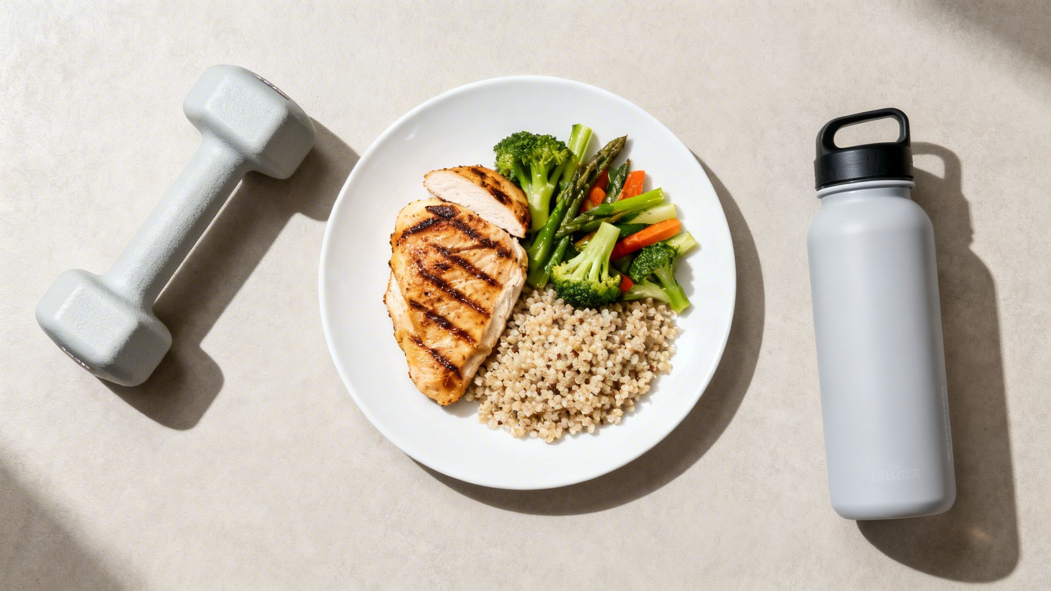 A balanced healthy meal with grilled chicken, quinoa, and vegetables, alongside a dumbbell and water bottle.