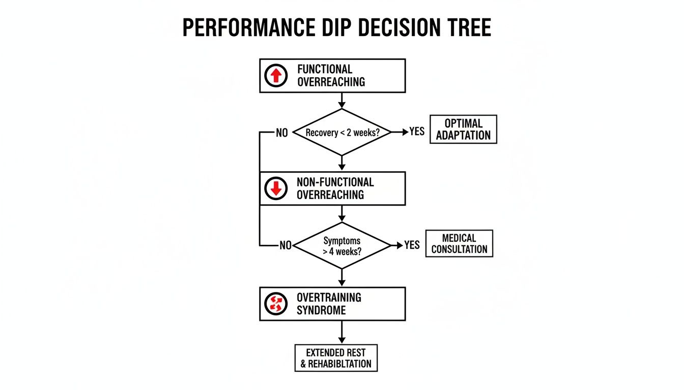 Flowchart illustrating the performance dip decision tree from overreaching to overtraining syndrome.