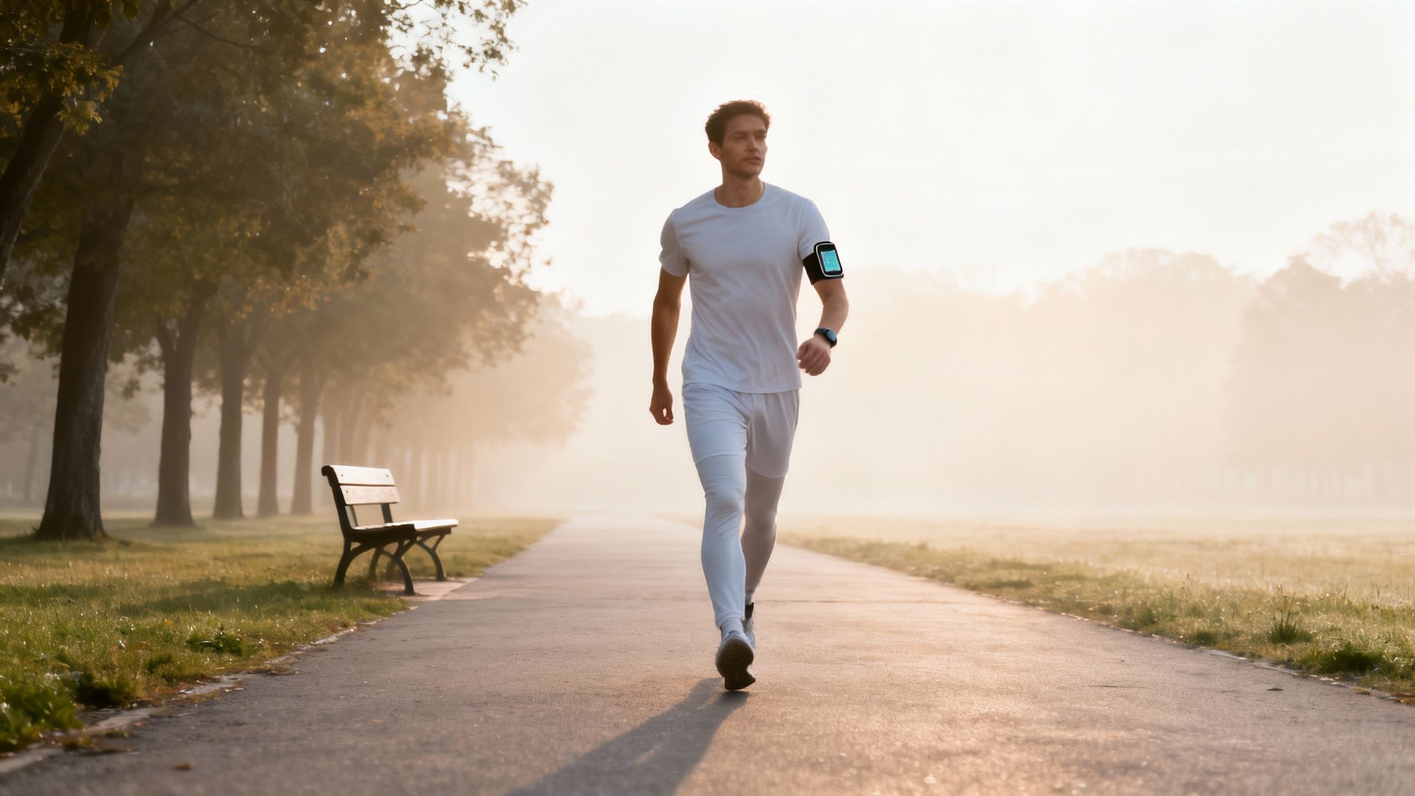 A man in white athletic wear walks on a misty park path lined with trees.