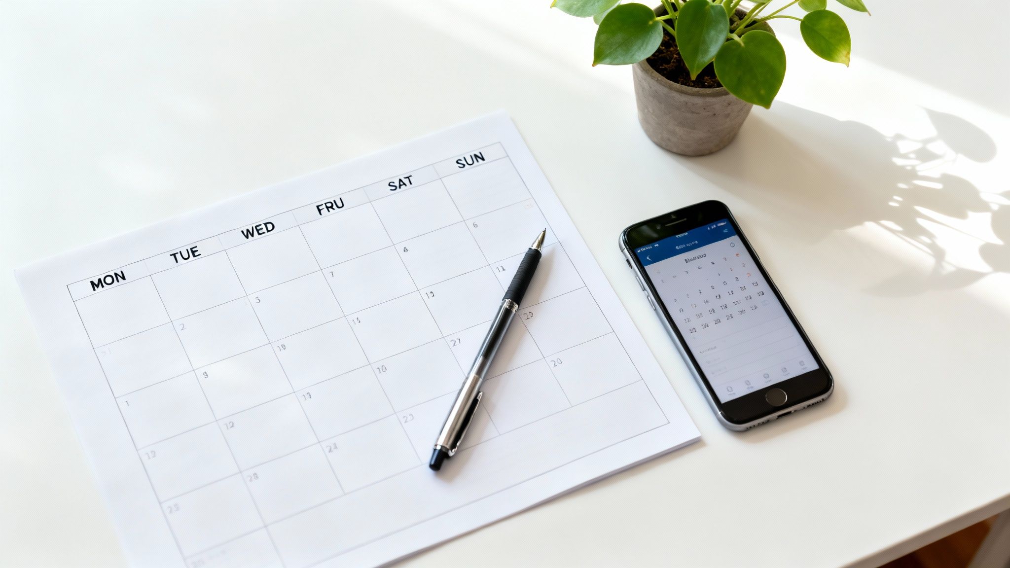 A calendar page with a pen, a smartphone displaying a calendar app, and a small plant on a sunny white desk.