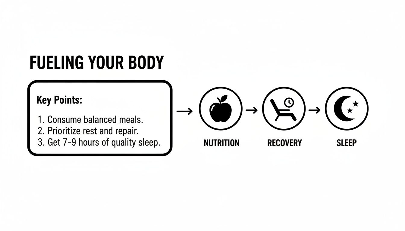 Infographic outlining key points for fueling your body: nutrition, recovery, and sleep.