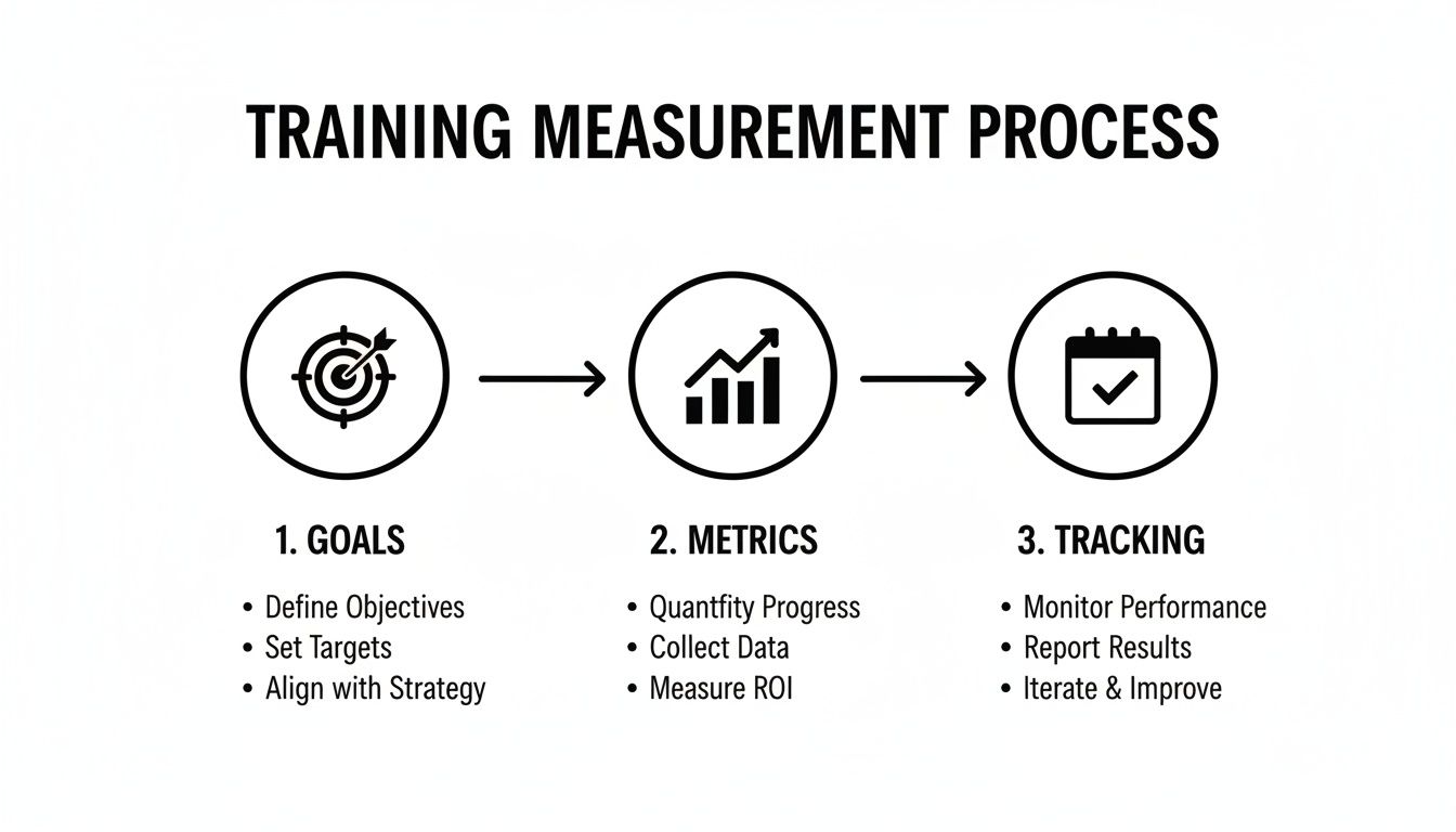 A flowchart illustrating the training measurement process, detailing goals, metrics, and tracking steps.