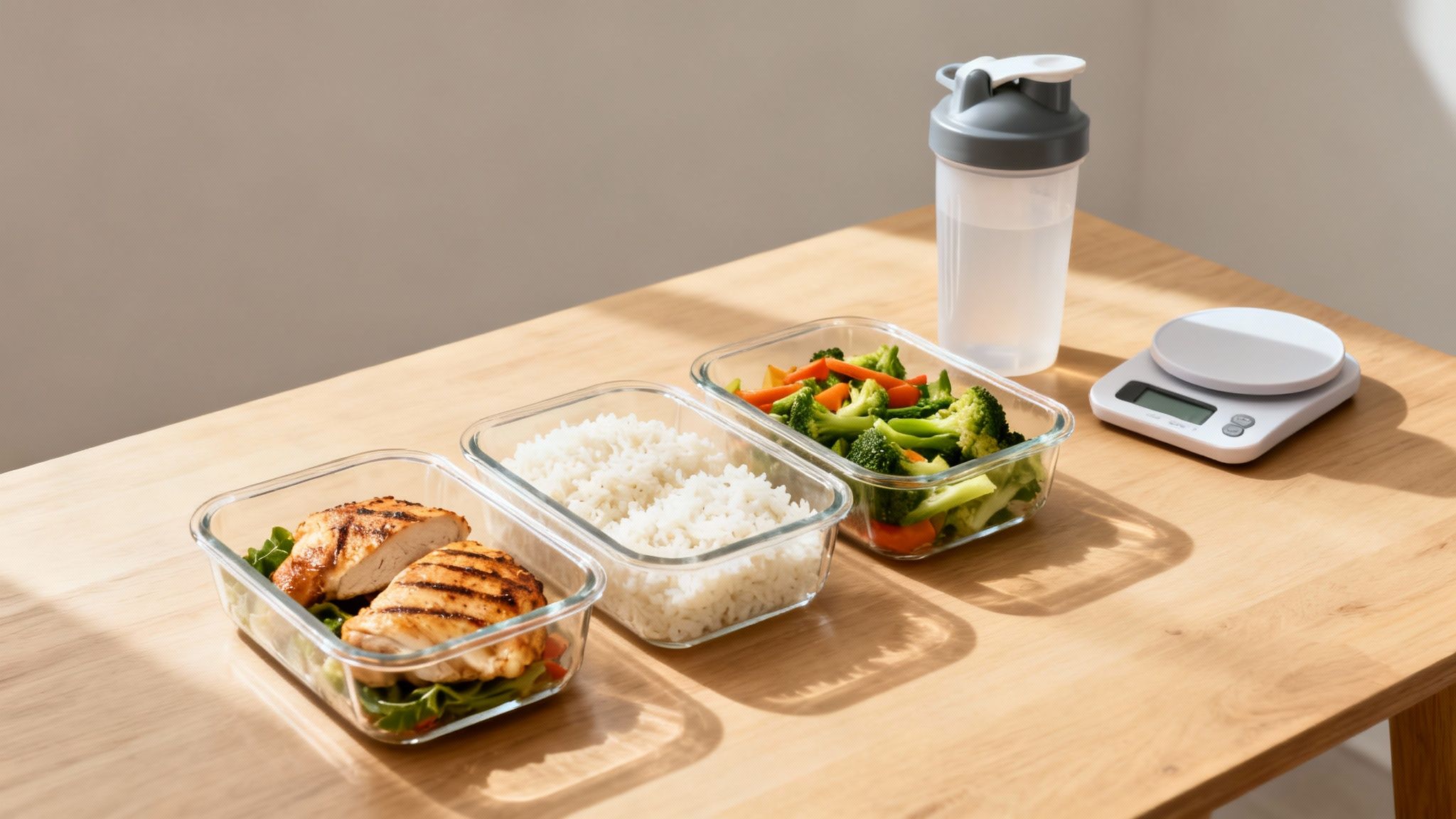 Three glass meal prep containers with grilled chicken, rice, and mixed vegetables on a wooden table with a water bottle and food scale.