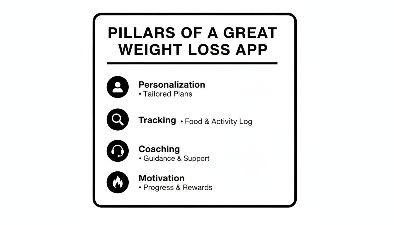 A graphic listing four pillars of a great weight loss app: Personalization, Tracking, Coaching, and Motivation.