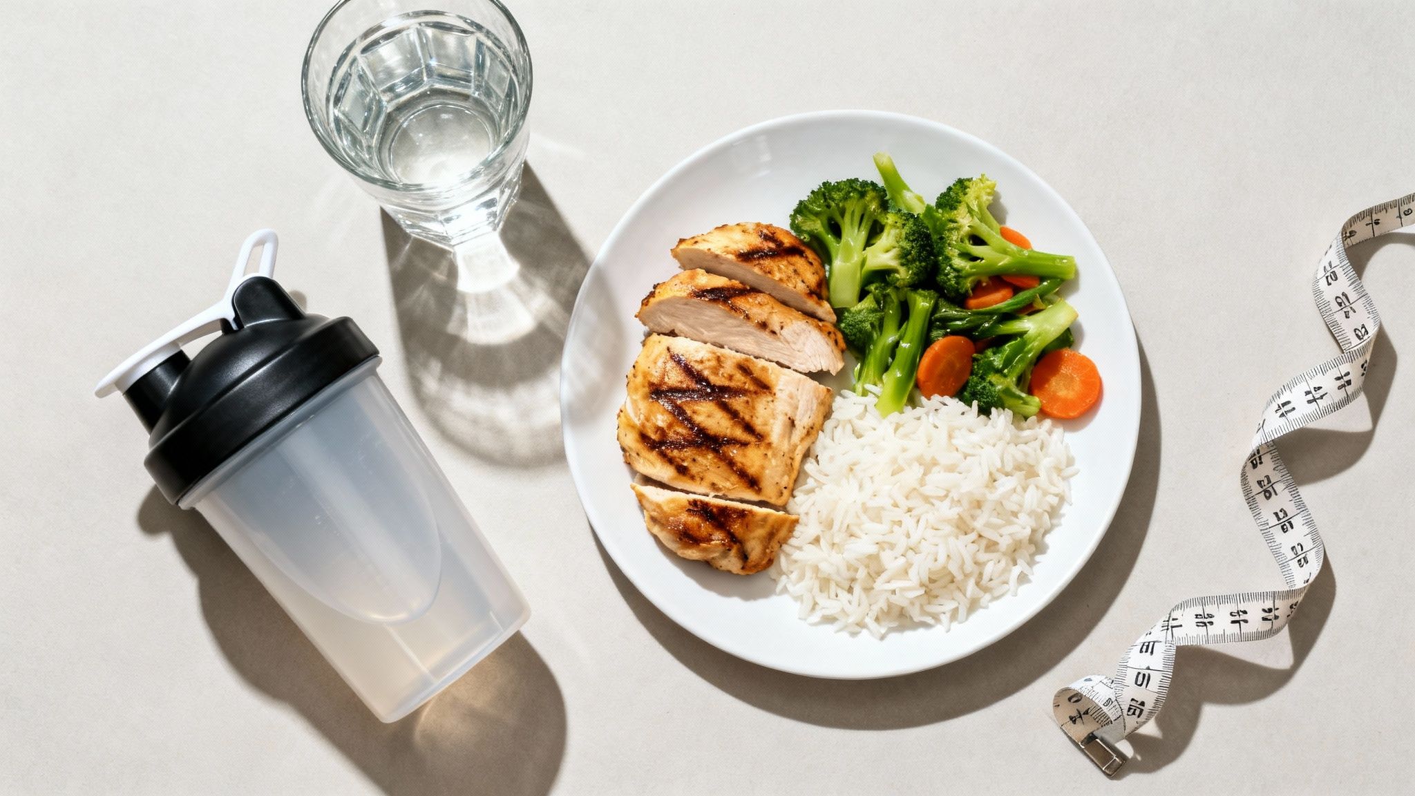 Overhead shot of a healthy fitness meal with grilled chicken, rice, vegetables, water, and a measuring tape.