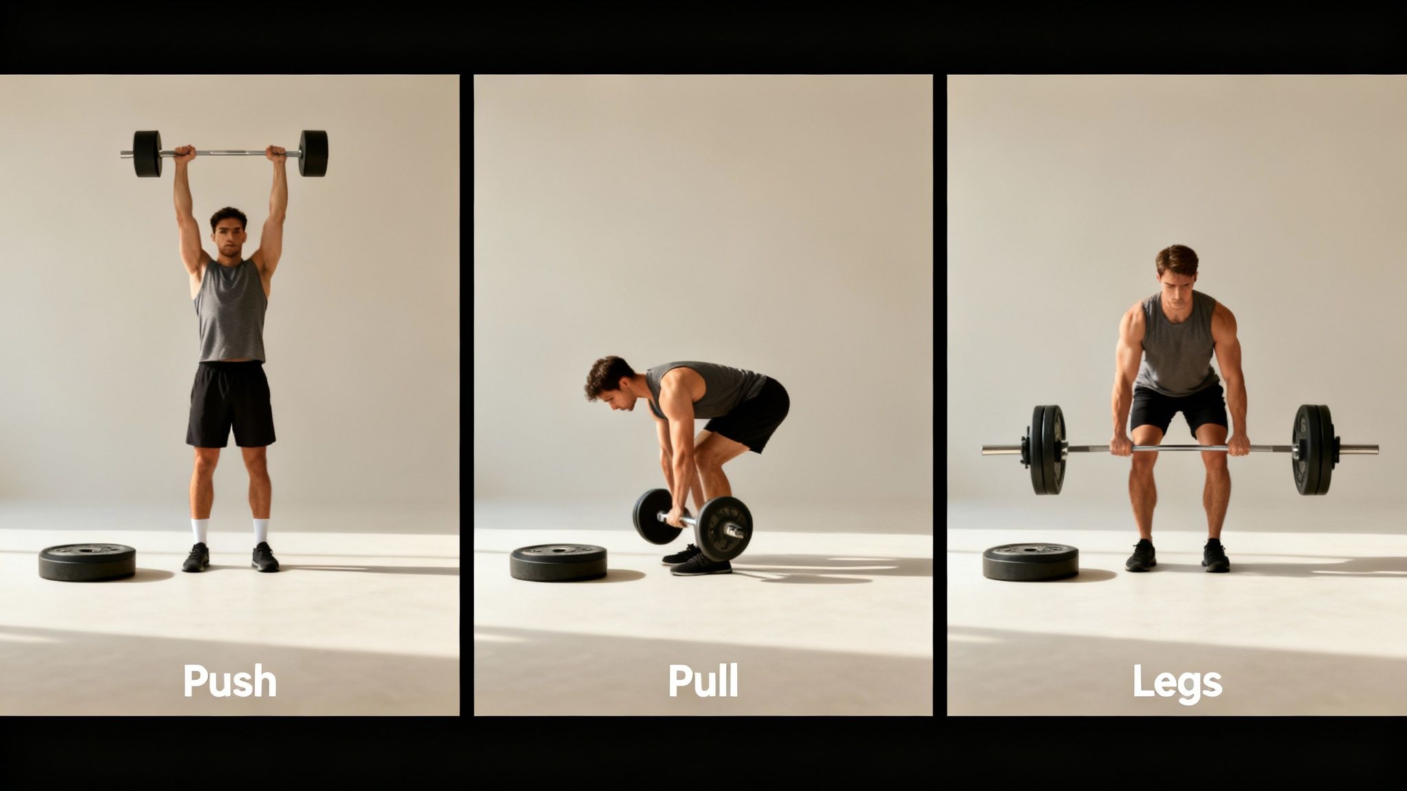 A man demonstrates push, pull, and leg barbell exercises for a 3-day workout plan.