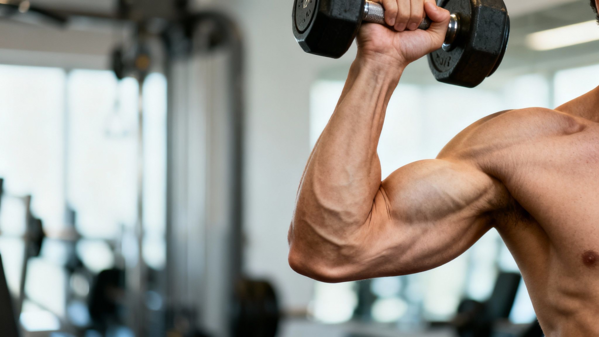 Muscular man's arm with prominent veins lifting a dumbbell during a bicep curl workout.