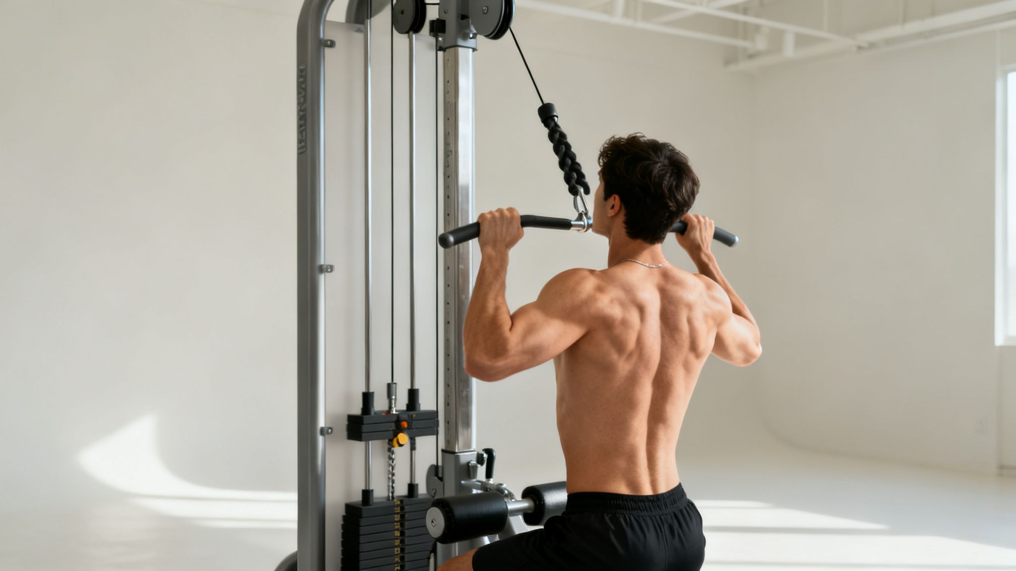 A shirtless man with a muscular back performs a lat pulldown exercise on a cable machine in a bright gym.