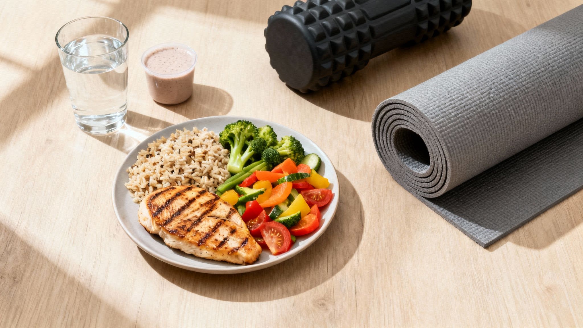 A balanced fitness meal with grilled chicken, brown rice, vegetables, water, and gym gear.