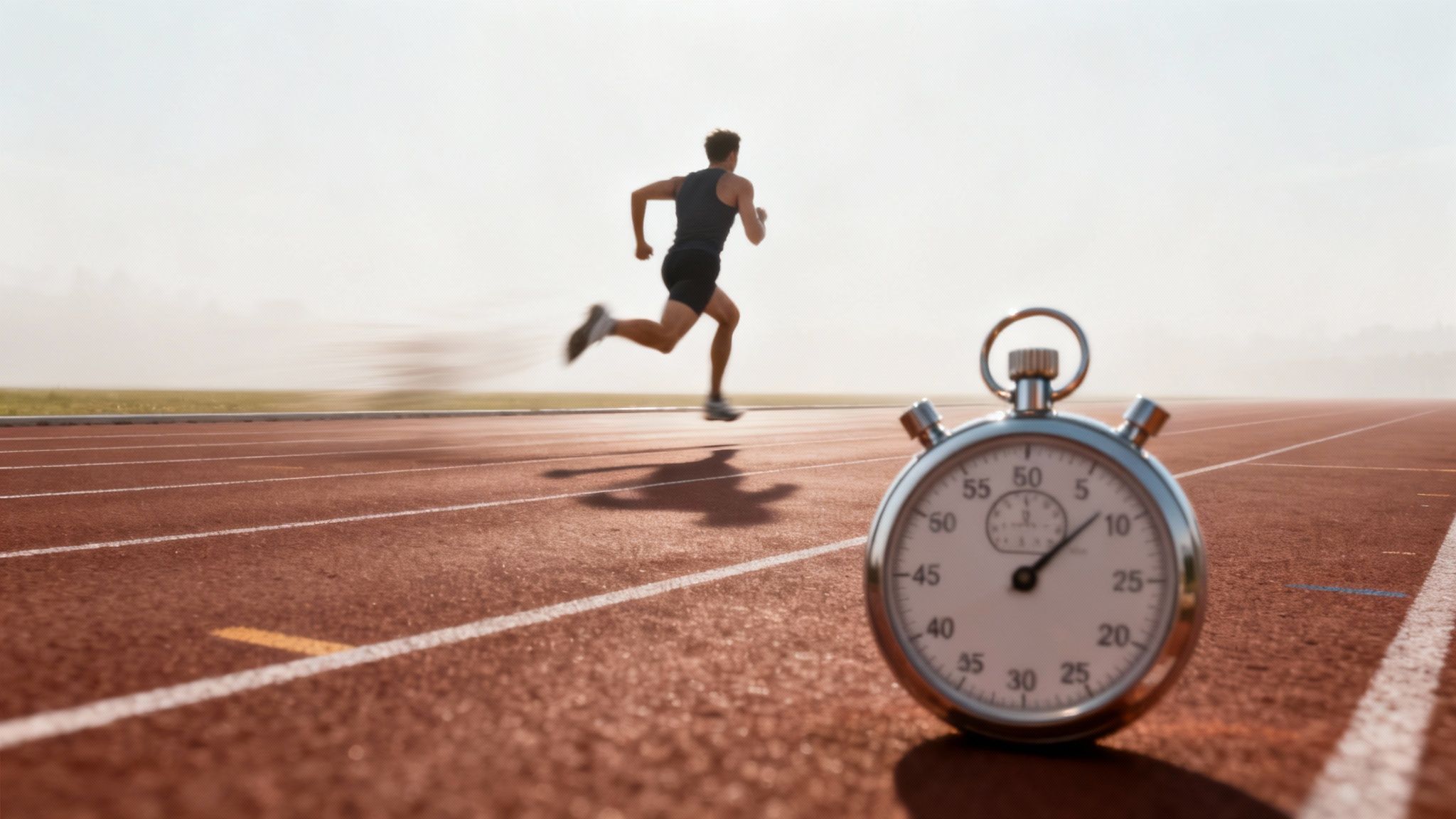 A blurry runner on a red track with a stopwatch in the foreground, emphasizing time and sport.