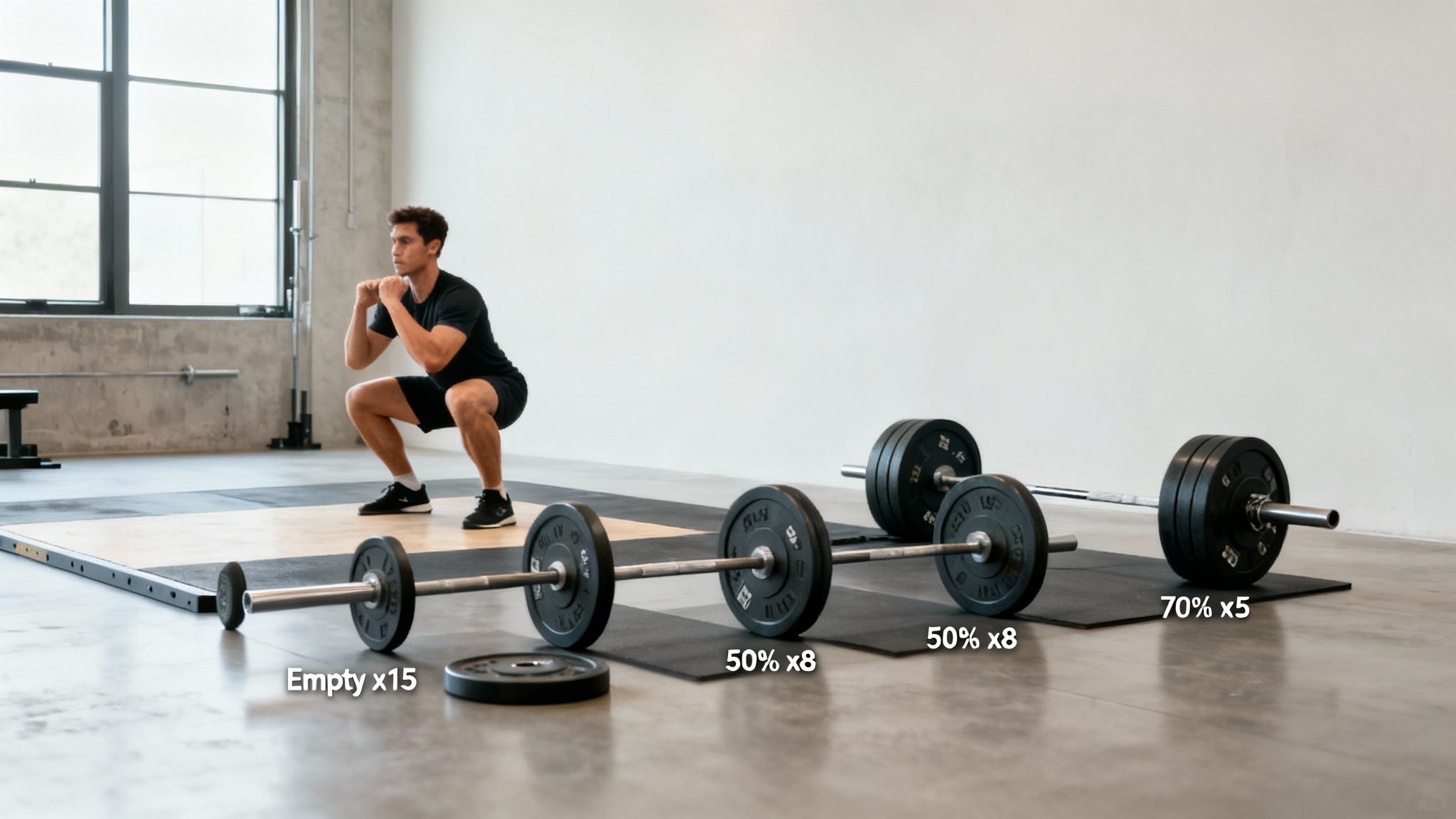 A man squats in a gym next to barbells with progressive warm-up weights and rep counts.