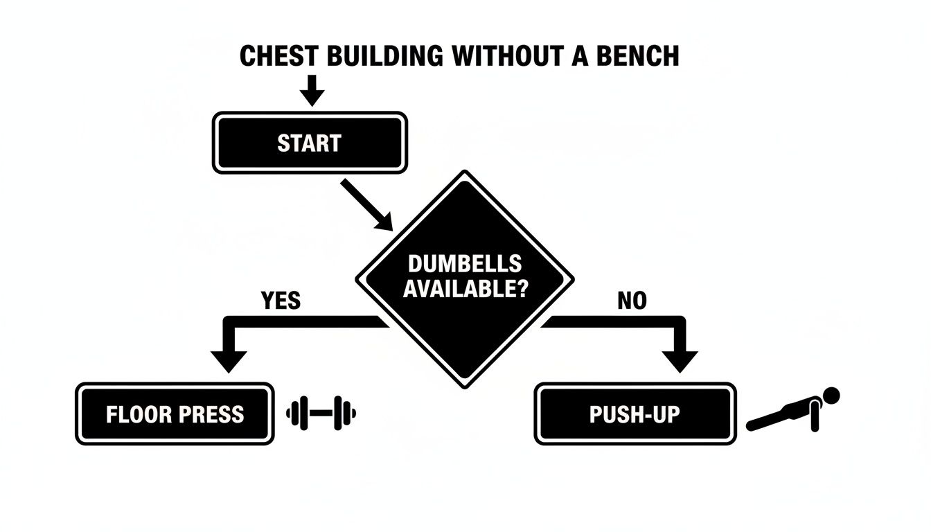 A flowchart guiding users to build chest muscles without a bench, based on dumbbell availability.