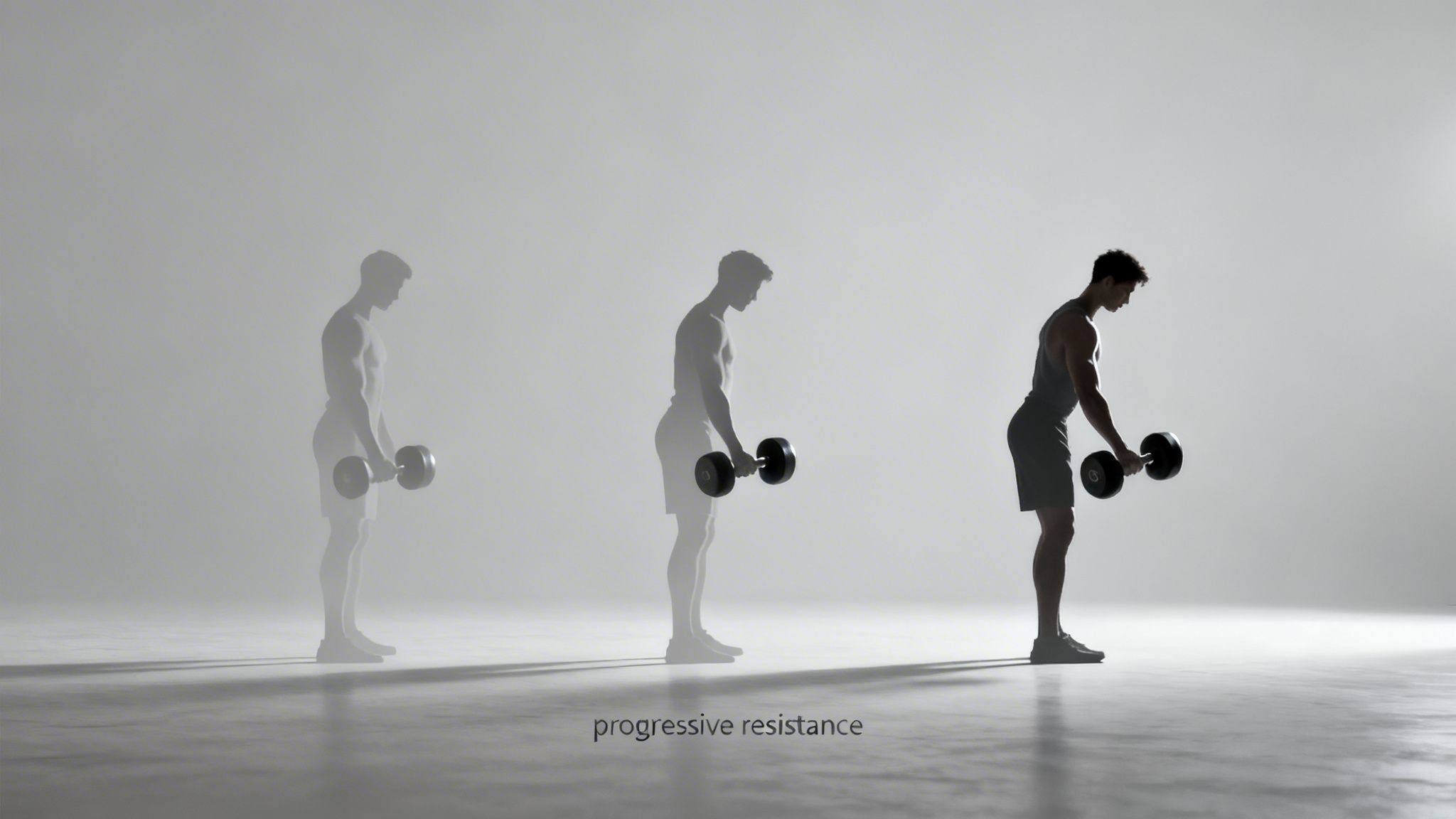 A man performing a dumbbell exercise, shown in three phases to illustrate progressive resistance training.