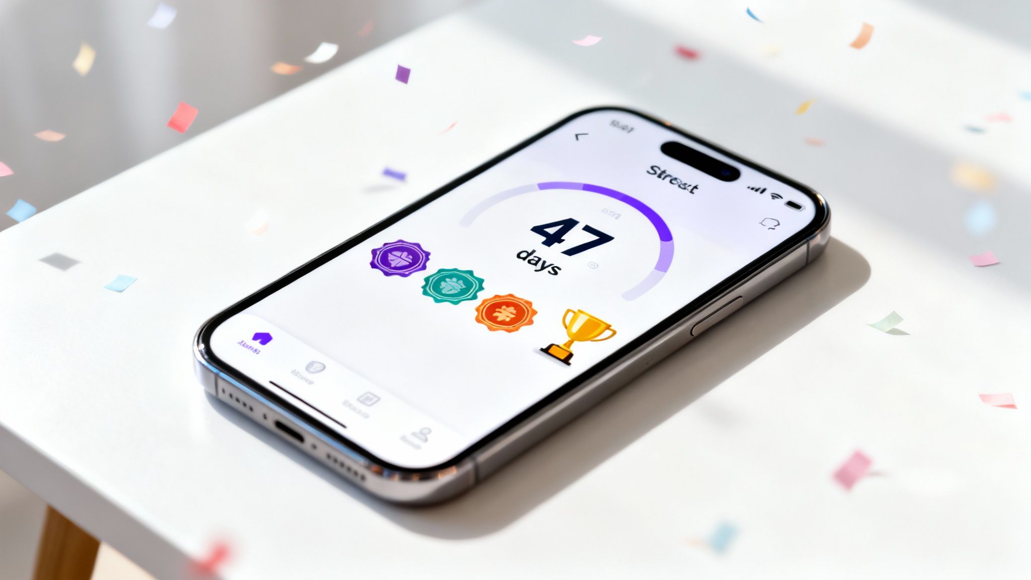 An iPhone displaying a habit tracking app showing '47 days' progress, achievement badges, and a trophy.