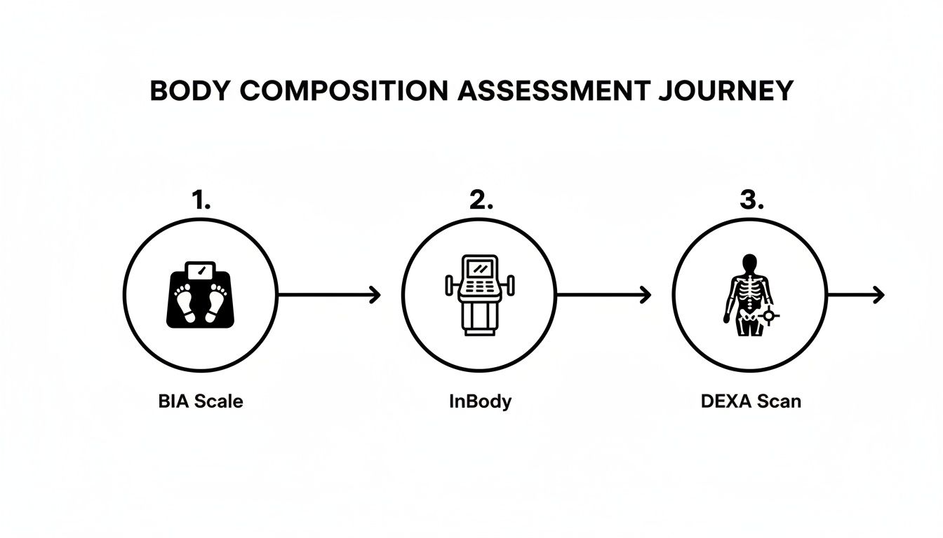 Visual guide to body composition assessment using BIA Scale, InBody, and DEXA Scan.