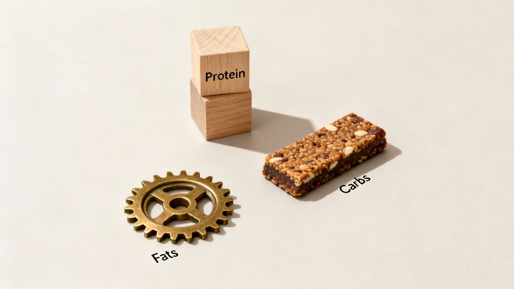 Protein, fats, and carbs visualized with wooden blocks, a gear, and a granola bar.