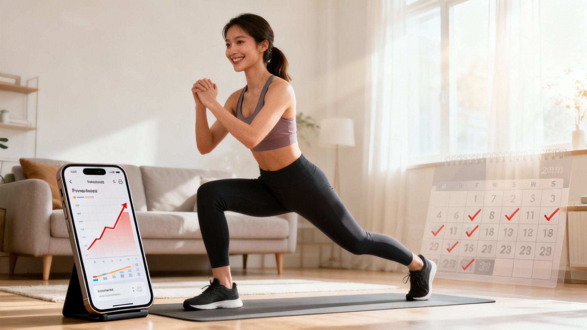 Smiling woman doing lunges at home, tracking progress on a fitness app and transparent calendar.