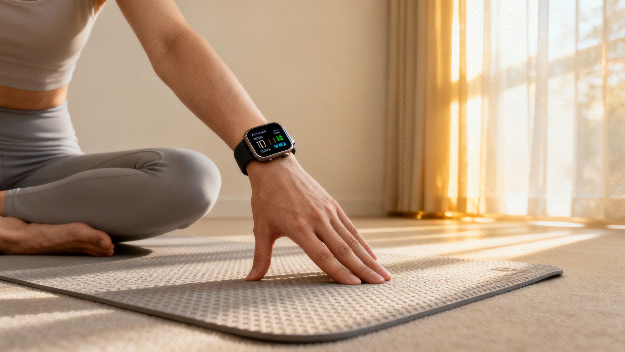 A person in workout clothes sits on a yoga mat, checking their smartwatch displaying health data.