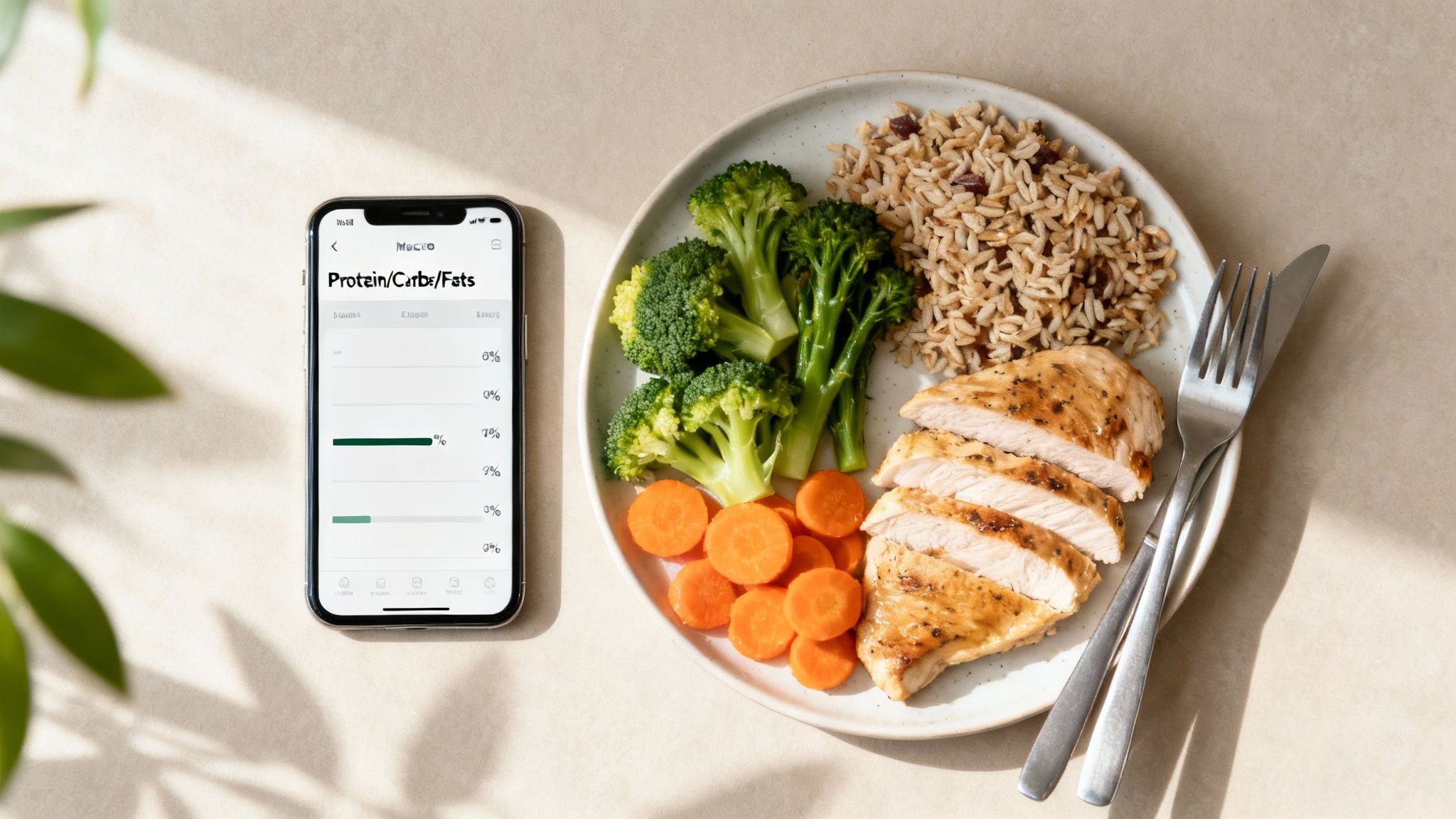 A healthy meal with grilled chicken, broccoli, carrots, and brown rice next to a phone showing macro tracking.