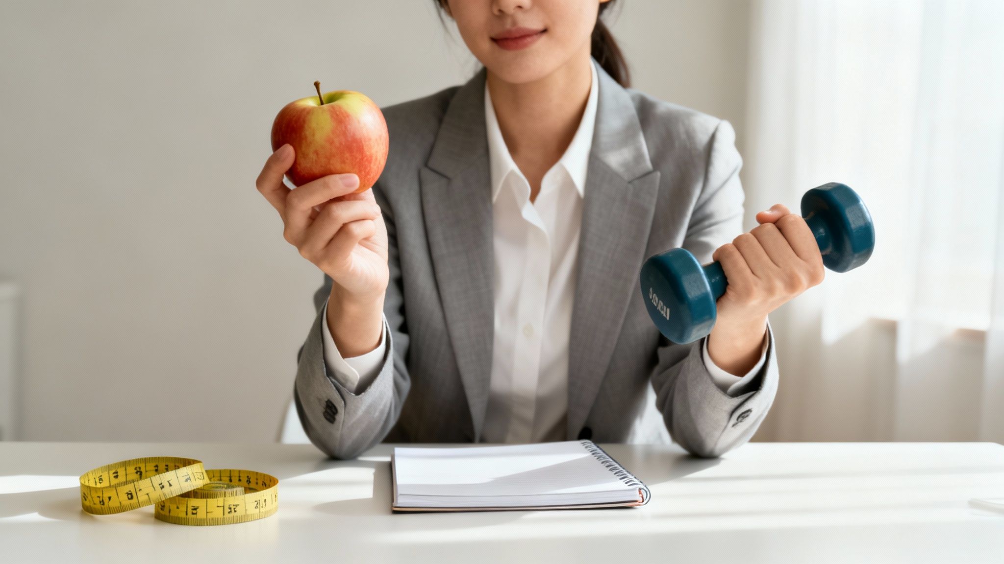 Person in suit holds an apple and a dumbbell, with measuring tapes and a notebook on a table.