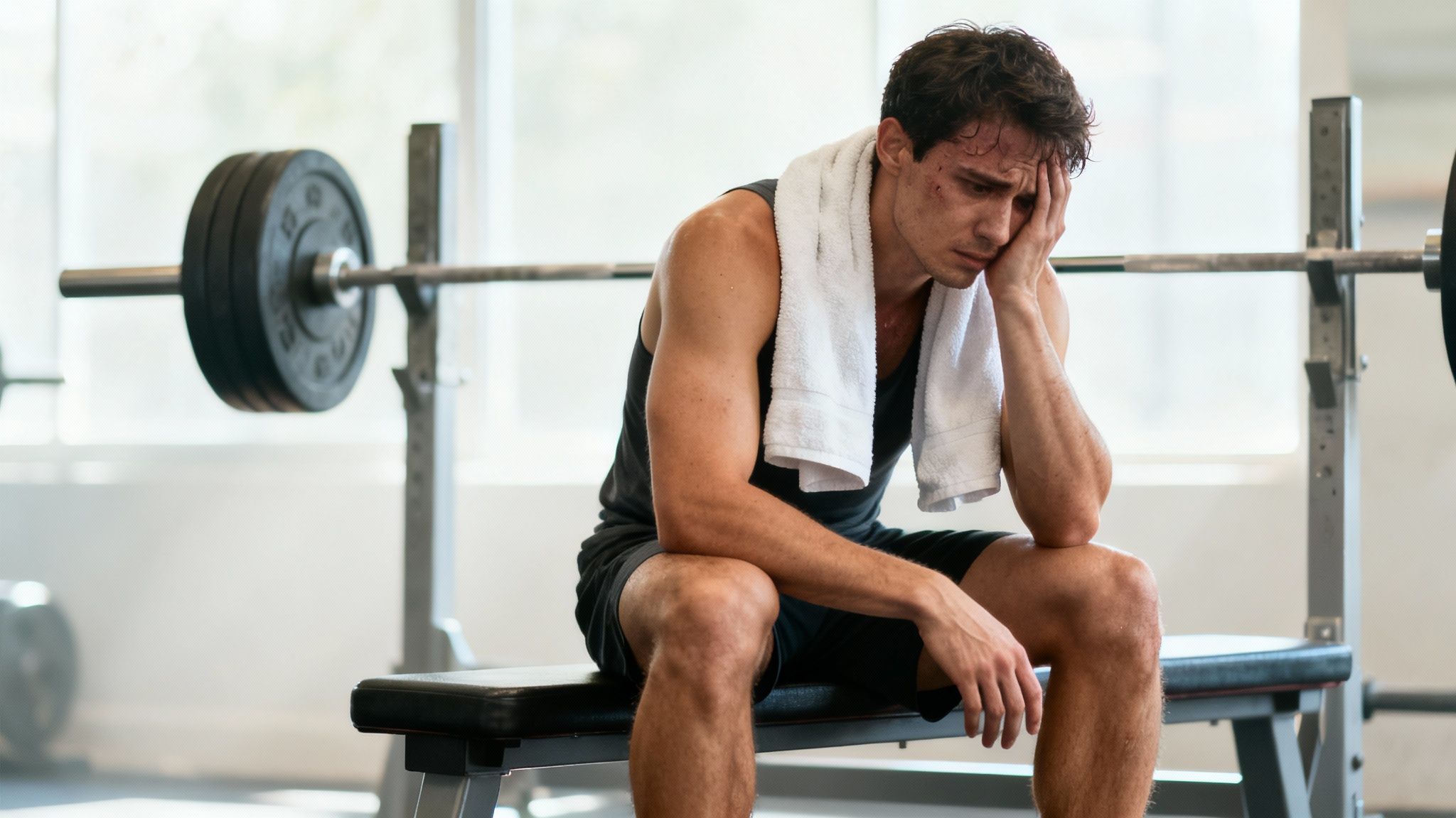 A tired and distressed man with a towel sits on a gym bench next to a barbell.
