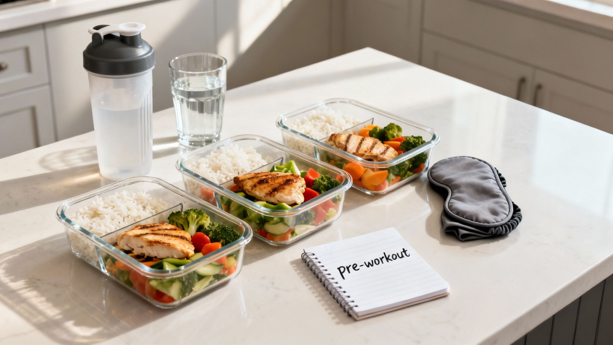 Meal prep containers with chicken, rice, and vegetables, along with a water bottle and 'Pre-workout' notebook.