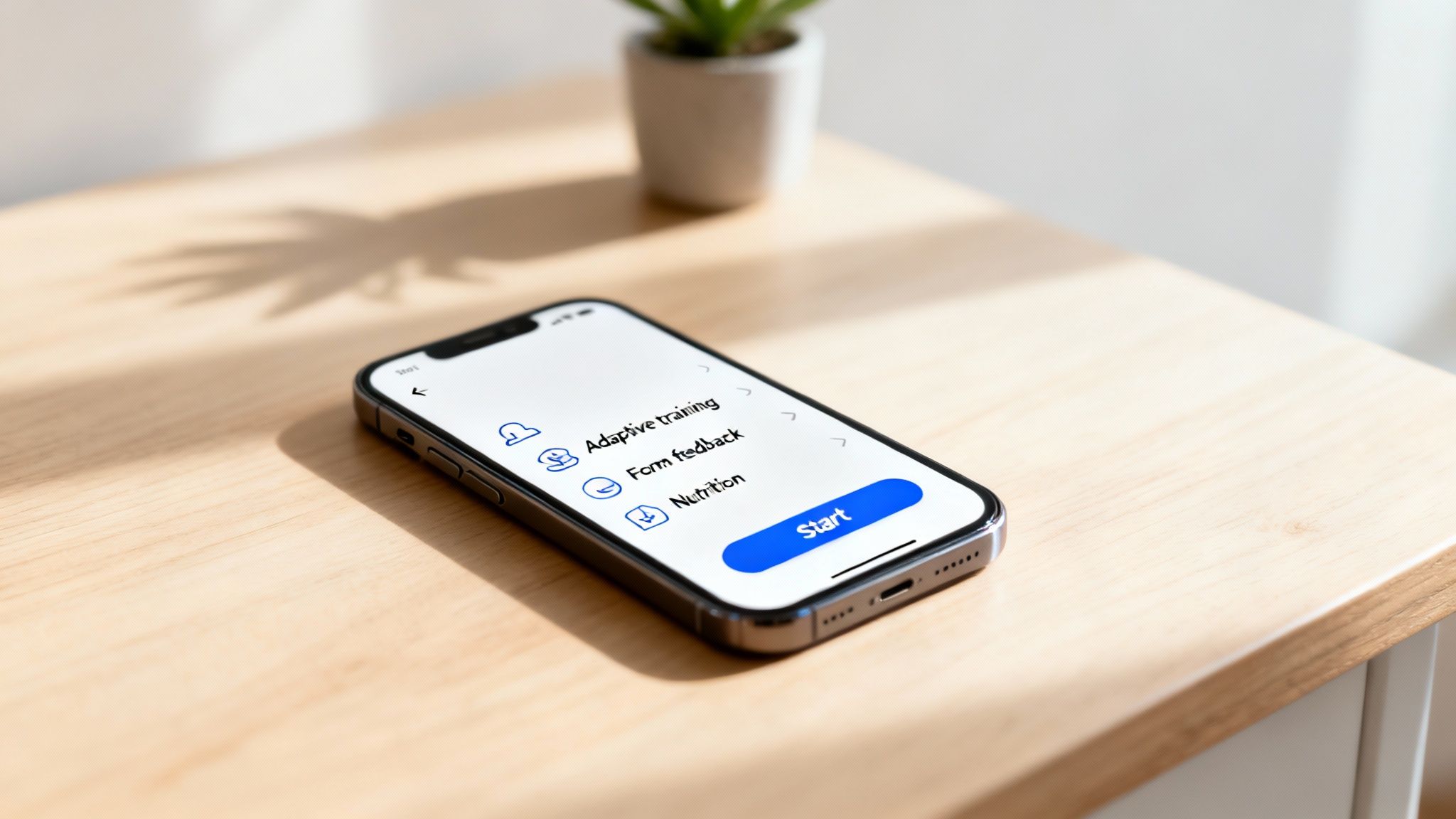 A smartphone on a wooden table displays a personalized workout app with training, feedback, and nutrition options.